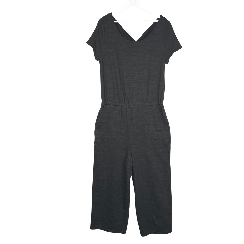 T by Talbots Black Jumpsuit Women L Crop Short Sleeve Twist Back UPF 50+ Pockets